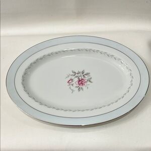 Regency Japan Oval Serving Platter Silver Trim Blue White Pink Rose Floral